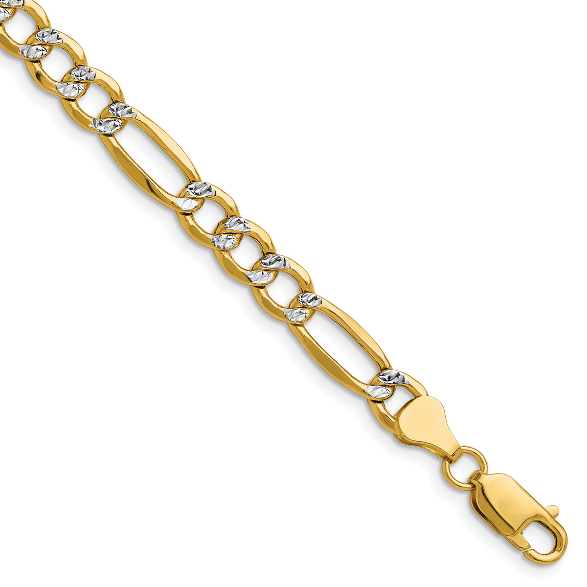 Gold (14K) Semi-Solid Rhodium Pavé Figaro Chain Bracelet - 7 in / 6.5 mm
