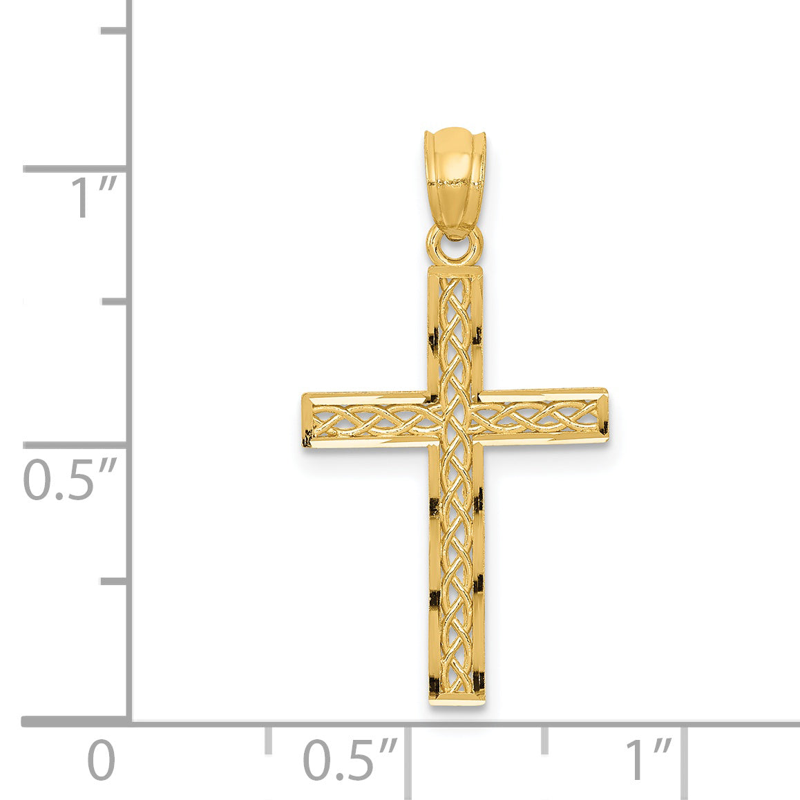 14k Yellow Gold Filigree Cross Pendant, 29 x 14 mm, shown with a ruler for scale