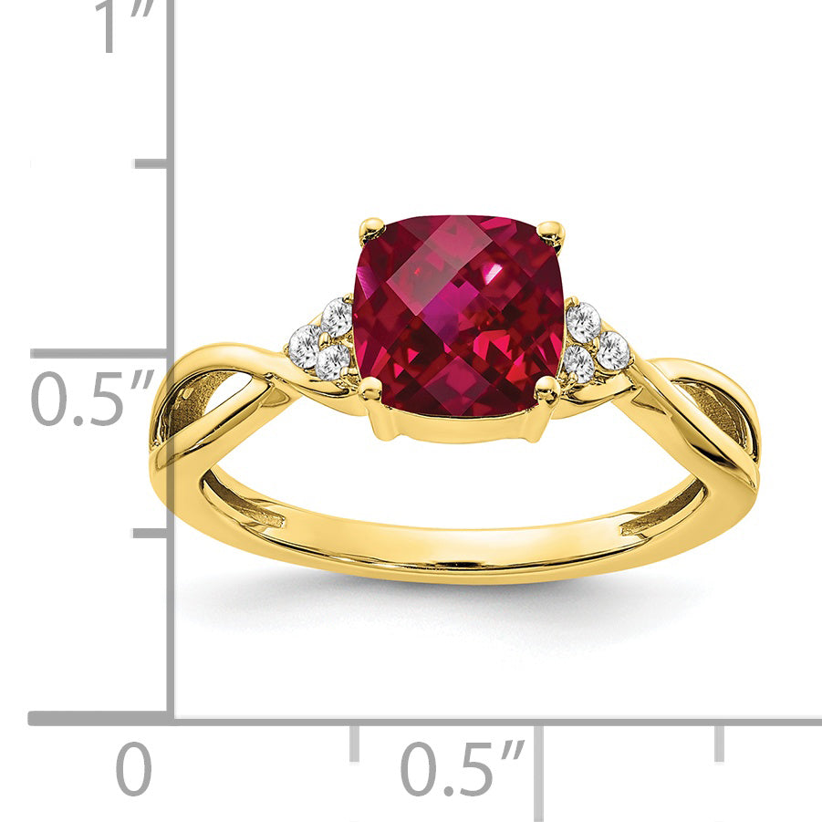 Gemstone & Diamond Ring - 10k Yellow Gold / Ruby, Lab Created
