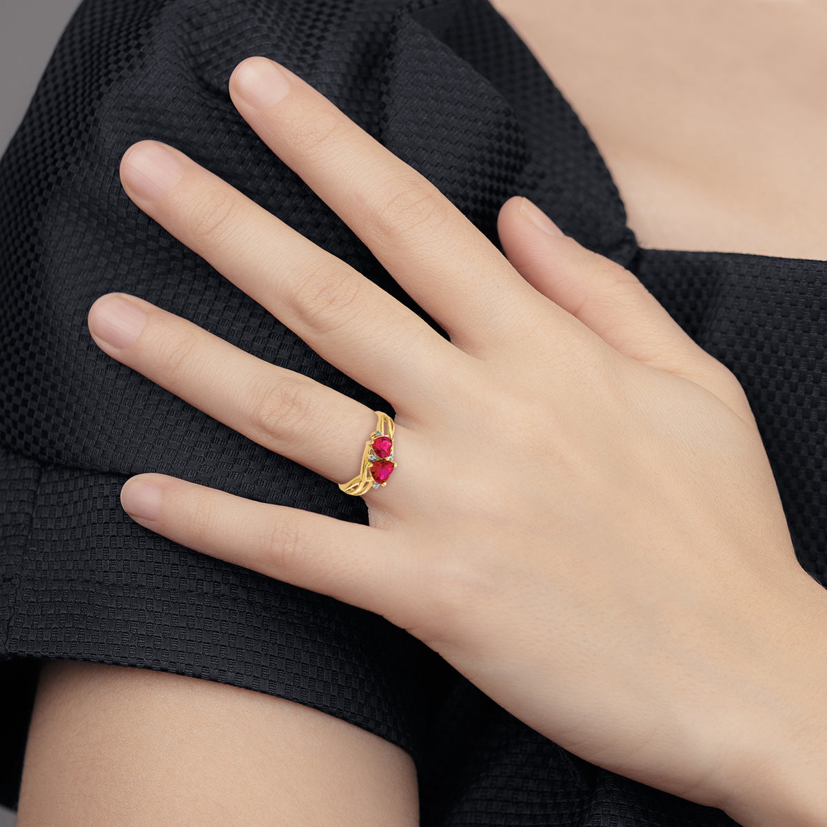 Created Ruby and Diamond Double Heart Ring - 14k Yellow Gold