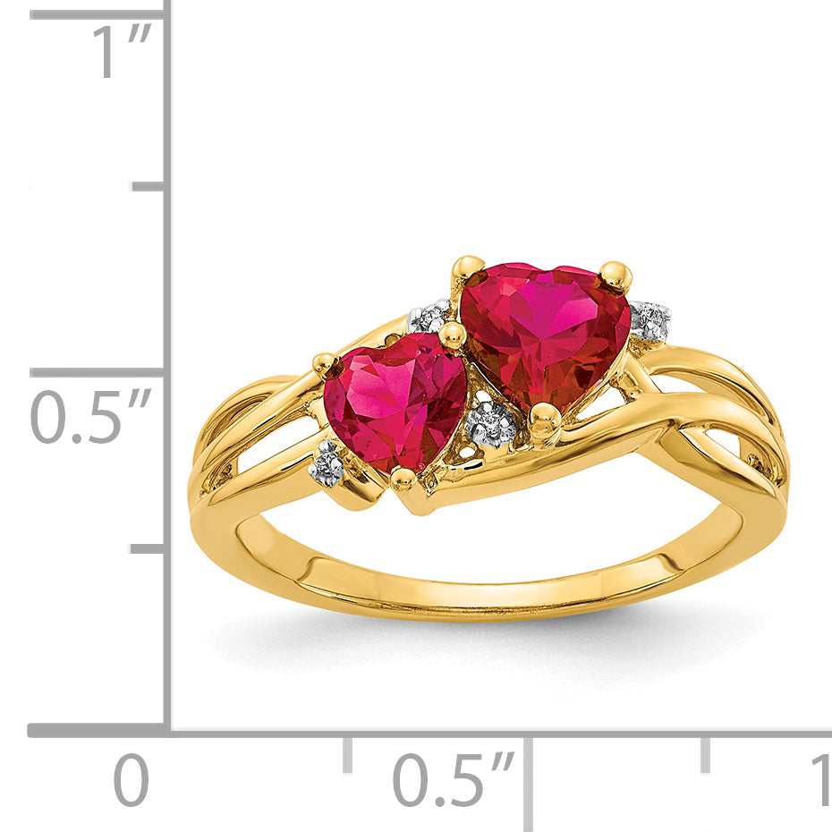 Created Ruby and Diamond Double Heart Ring - 14k Yellow Gold