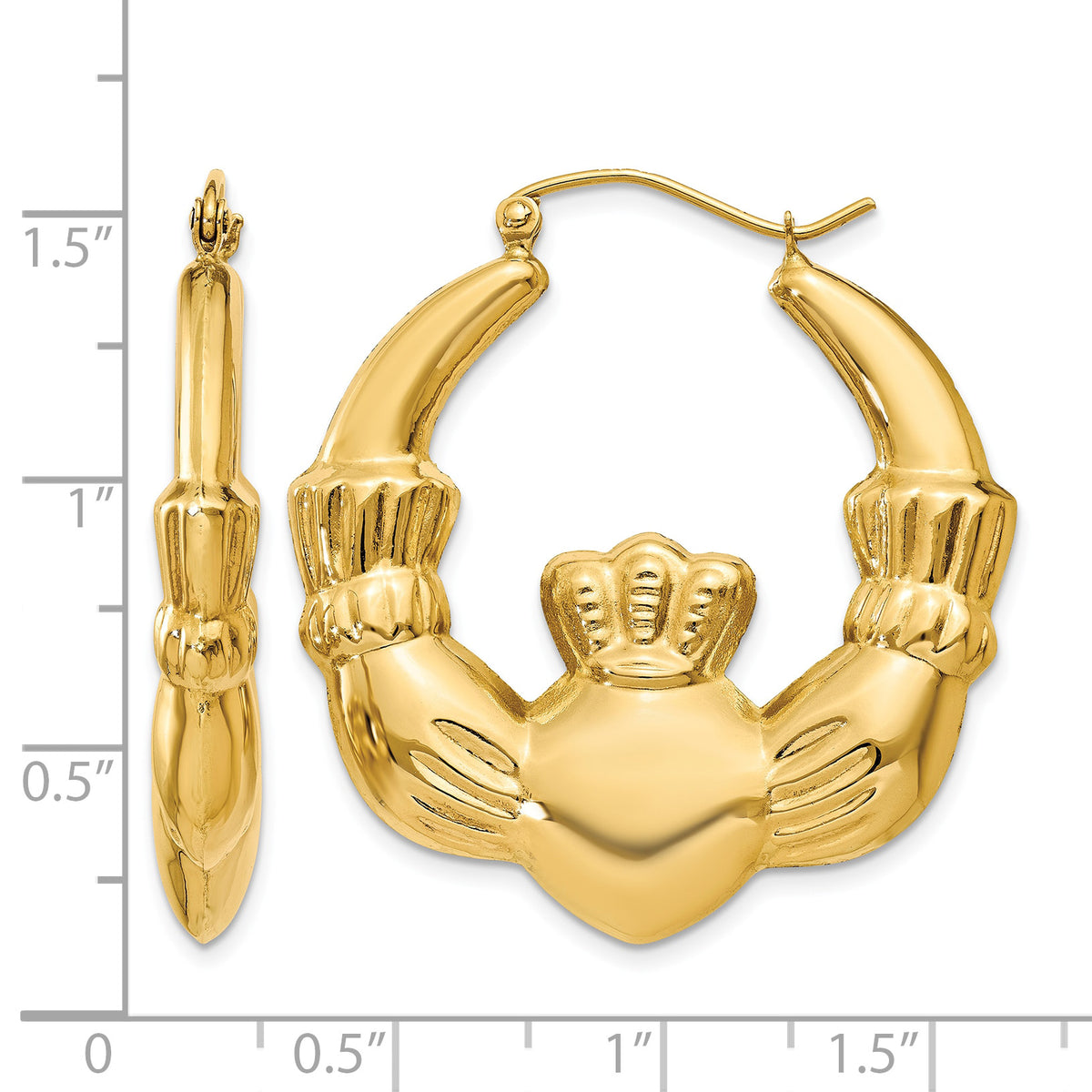 Gold Claddagh Hoop Earrings - 14k Yellow Gold / 5.25 mm / 33 x 35.75 mm