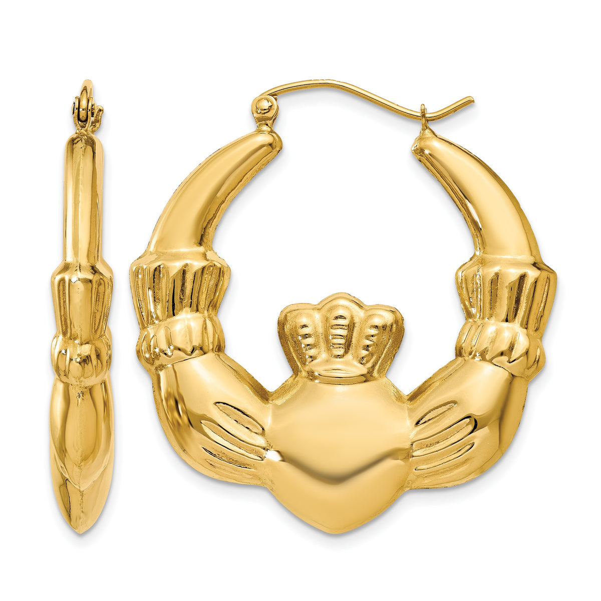 Gold Claddagh Hoop Earrings - 14k Yellow Gold / 5.25 mm / 33 x 35.75 mm