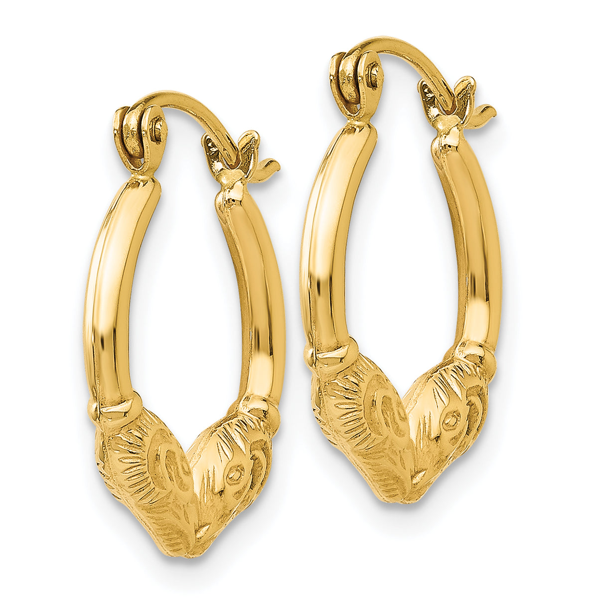 14k Yellow Gold Ram Head Hoop Earrings, view 2