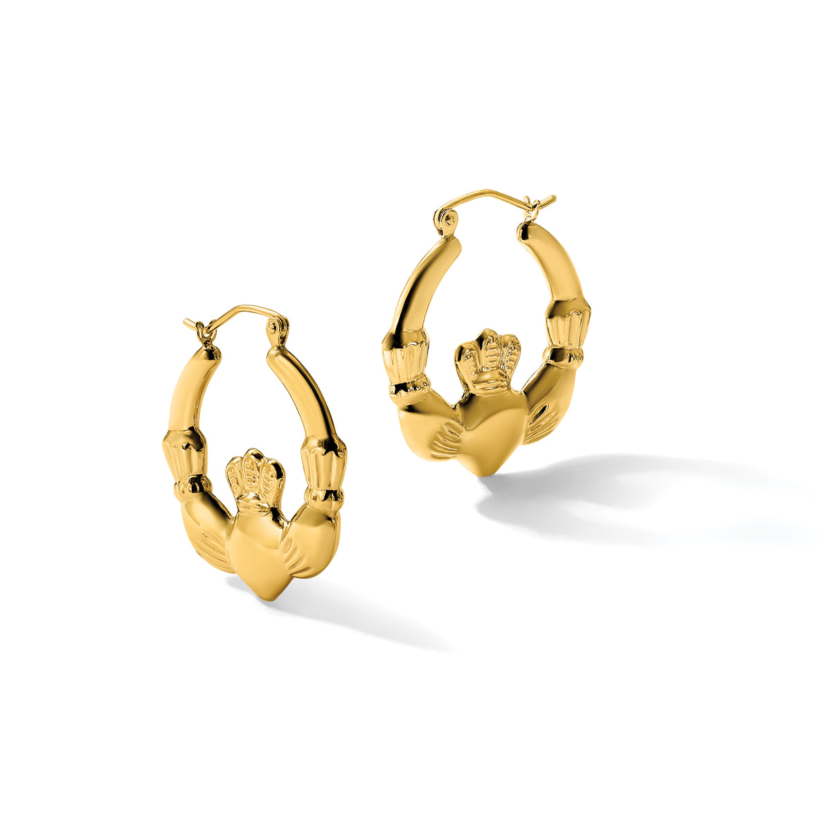 Gold Claddagh Hoop Earrings - 14k Yellow Gold / 4 mm / 23.5 x 25.75 mm
