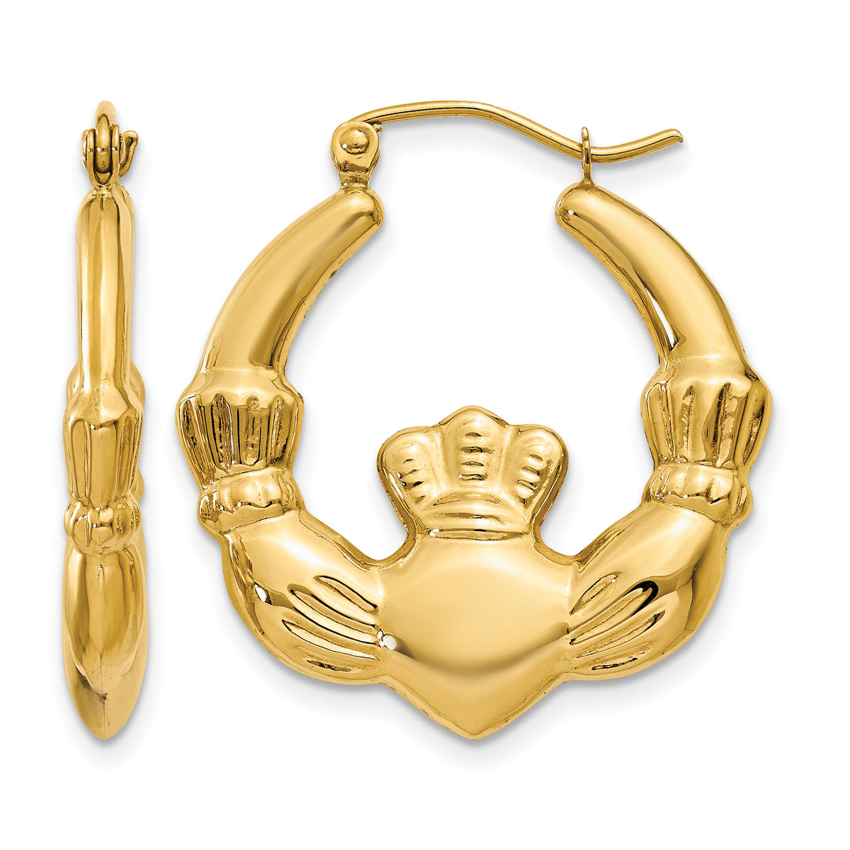 Gold Claddagh Hoop Earrings - 14k Yellow Gold / 4 mm / 23.5 x 25.75 mm
