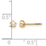 14k Yellow Gold Kids' 2-3mm Freshwater Cultured Pearl Screwback Earrings, shown with a ruler for scale