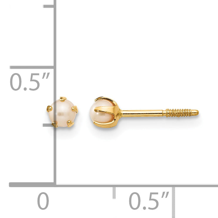 14k Yellow Gold Kids' 2-3mm Freshwater Cultured Pearl Screwback Earrings, shown with a ruler for scale