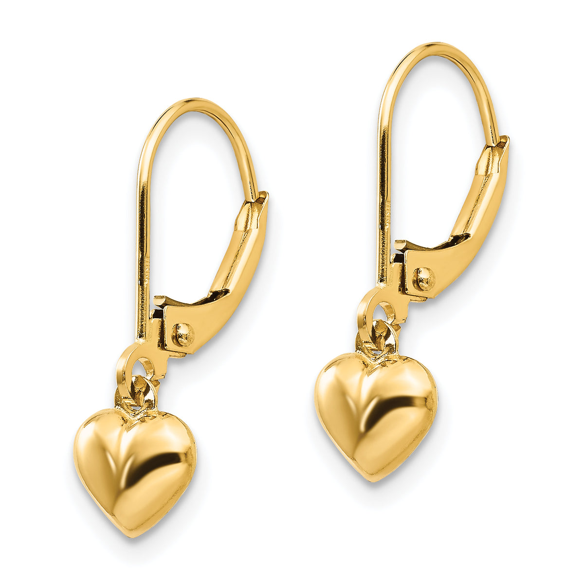 14k Madi K Puffed Polished Heart Drop Leverback Earrings, view 2