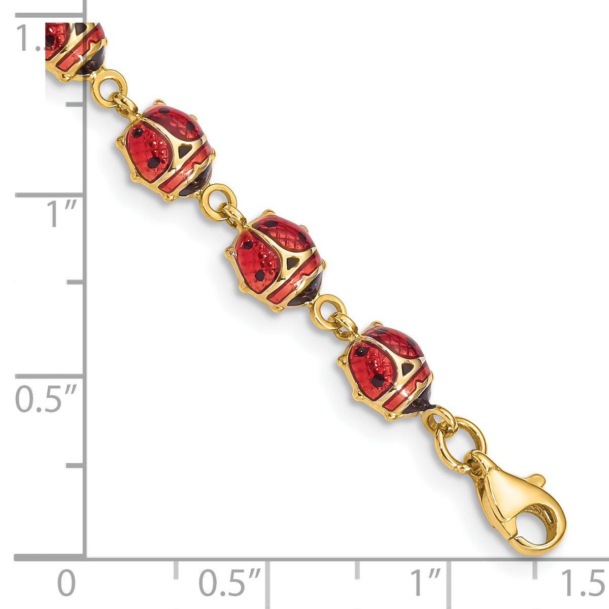 14k Yellow Gold Red and Black Enamel and Resin Ladybug 7 inch Bracelet, shown with a ruler for scale