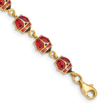 14k Yellow Gold Red and Black Enamel and Resin Ladybug 7 inch Bracelet
