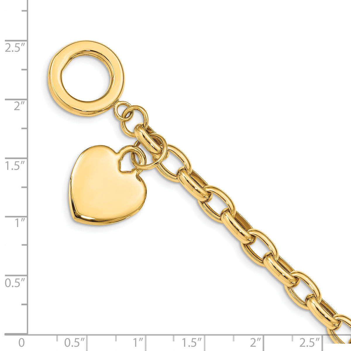 14k Yellow Gold Engravable 26x18mm Solid Heart Charm Toggle Bracelet, Hollow Chain, 7.5 inch, shown with a ruler for scale
