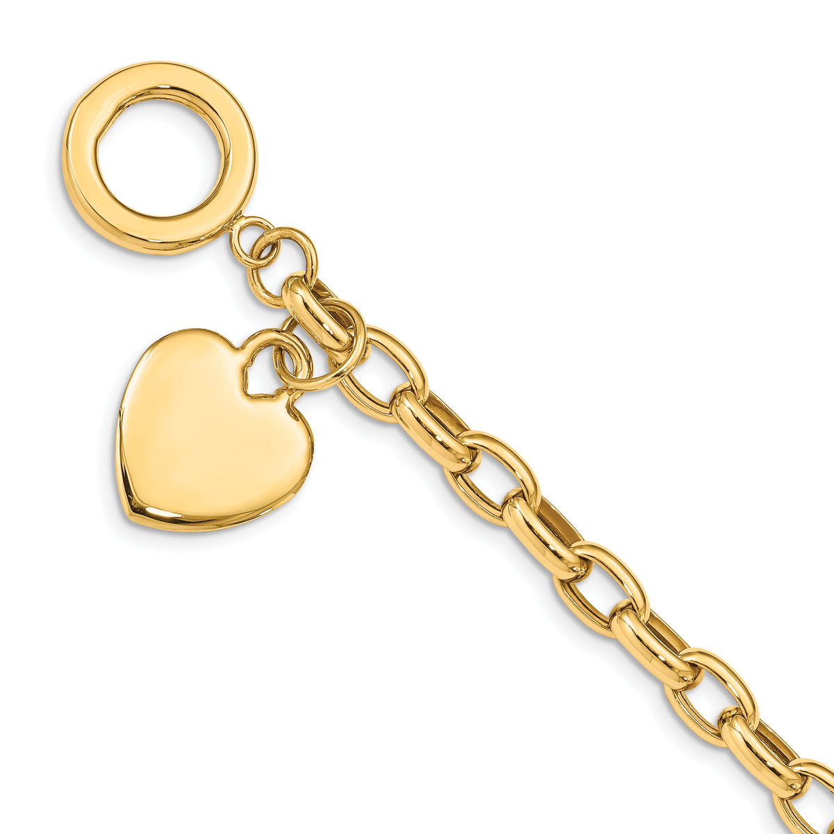 14k Yellow Gold Engravable 26x18mm Solid Heart Charm Toggle Bracelet, Hollow Chain, 7.5 inch