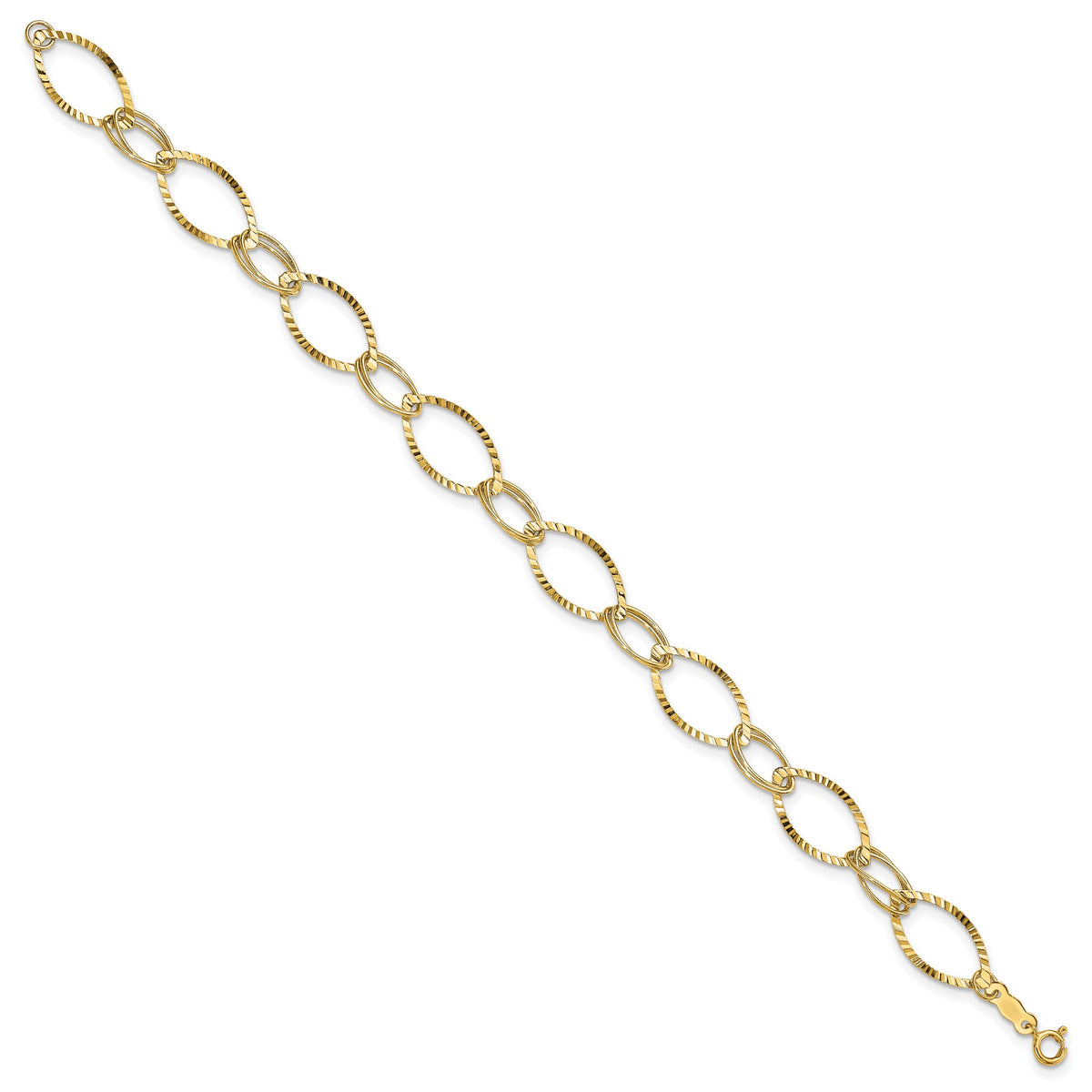 14k Yellow Gold Polished and Textured Fancy Oval Link 7.25 inch Bracelet, view 2