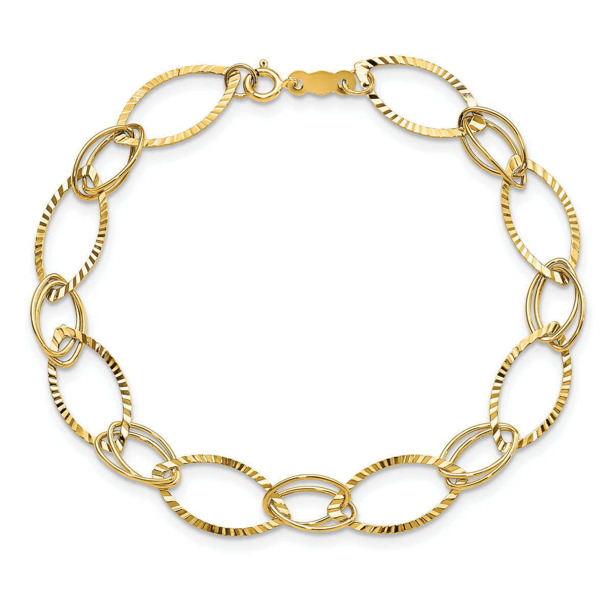 14k Yellow Gold Polished and Textured Fancy Oval Link 7.25 inch Bracelet, view 4