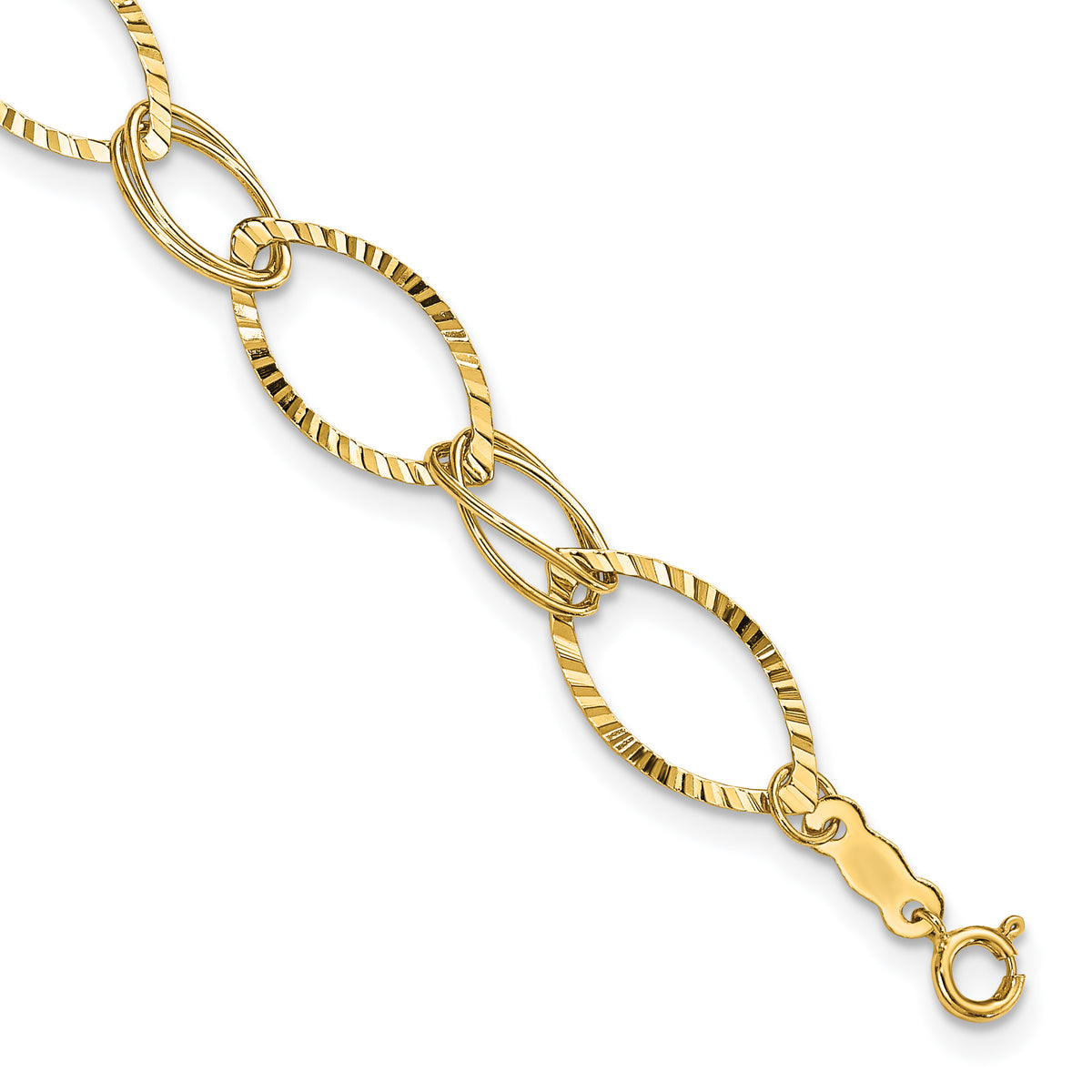 14k Yellow Gold Polished and Textured Fancy Oval Link 7.25 inch Bracelet