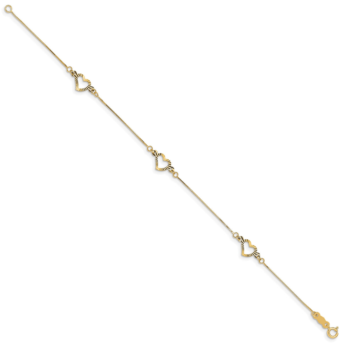 14k Yellow Gold Fancy Textured Open Heart 3-Station 7.25 inch Bracelet, view 2