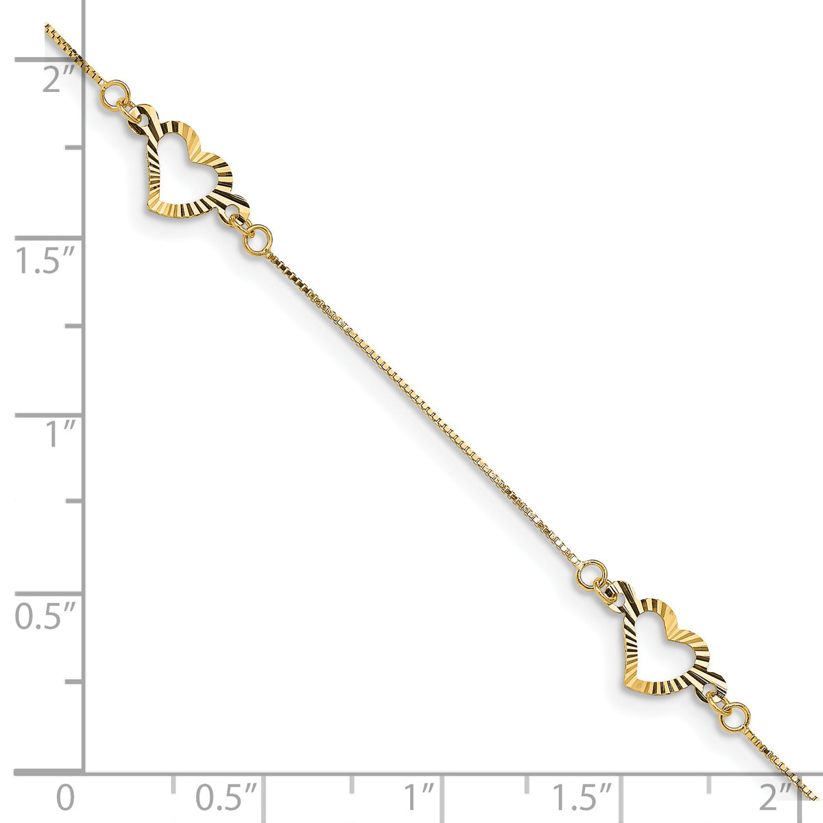 14k Yellow Gold Fancy Textured Open Heart 3-Station 7.25 inch Bracelet, shown with a ruler for scale