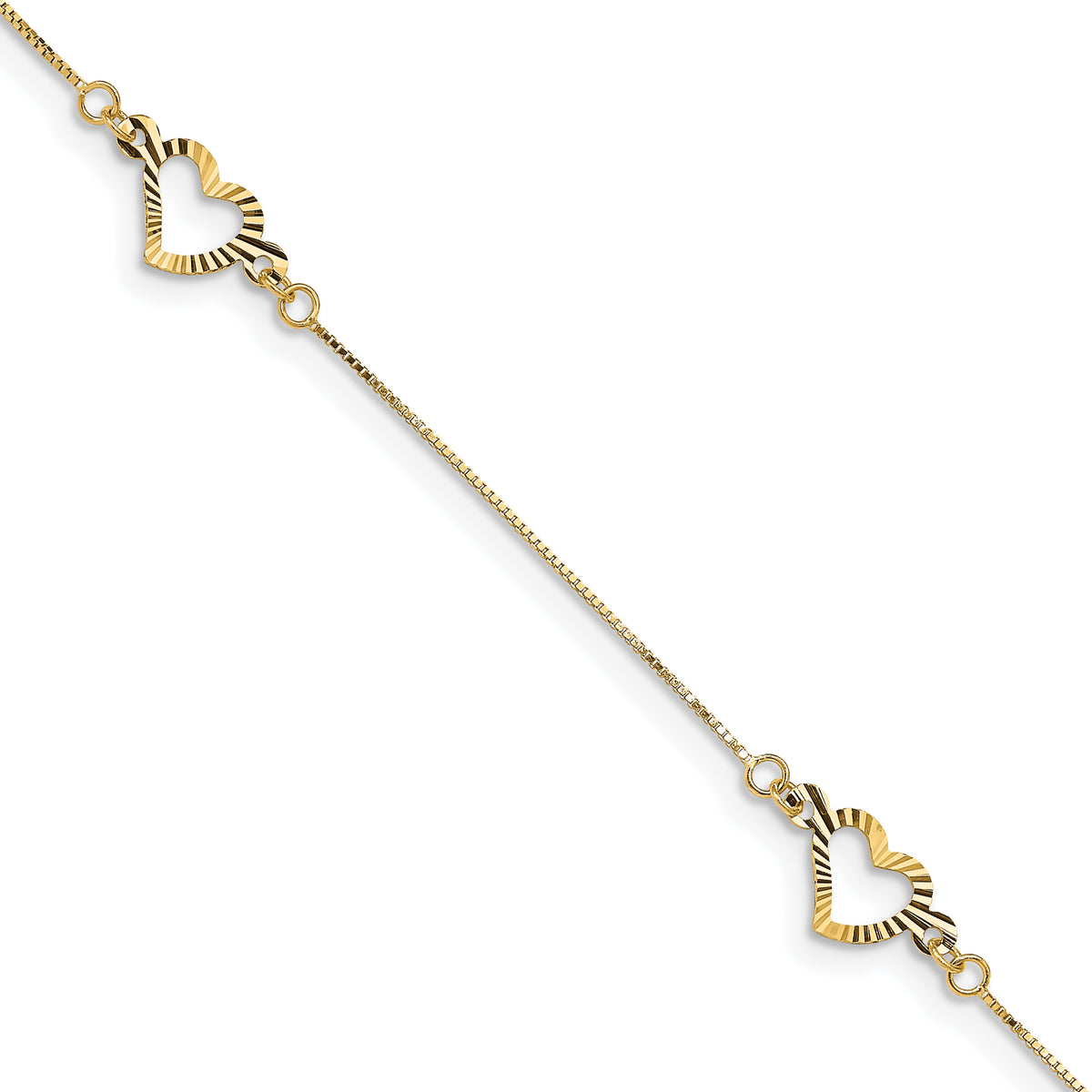 14k Yellow Gold Fancy Textured Open Heart 3-Station 7.25 inch Bracelet