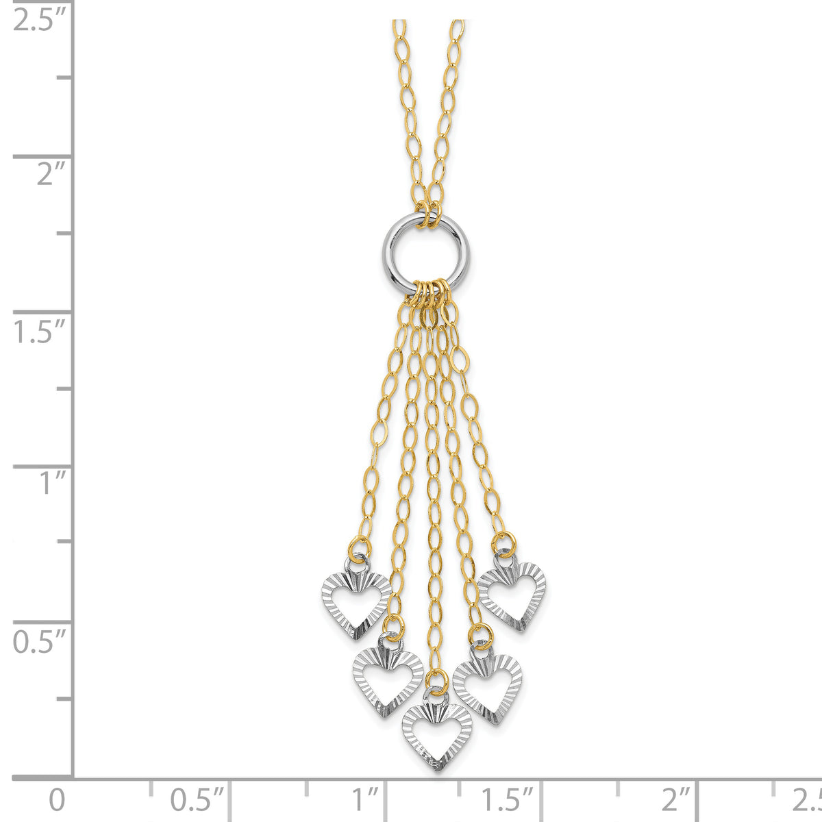14k Two-Tone Gold Heart Drop 16-18 inch Necklace, shown with a ruler for scale