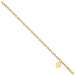14k Yellow Gold Engravable 14x10mm Solid Dangle Heart Charm and Hollow Chain Bracelet, view 2 - 7.5 in
