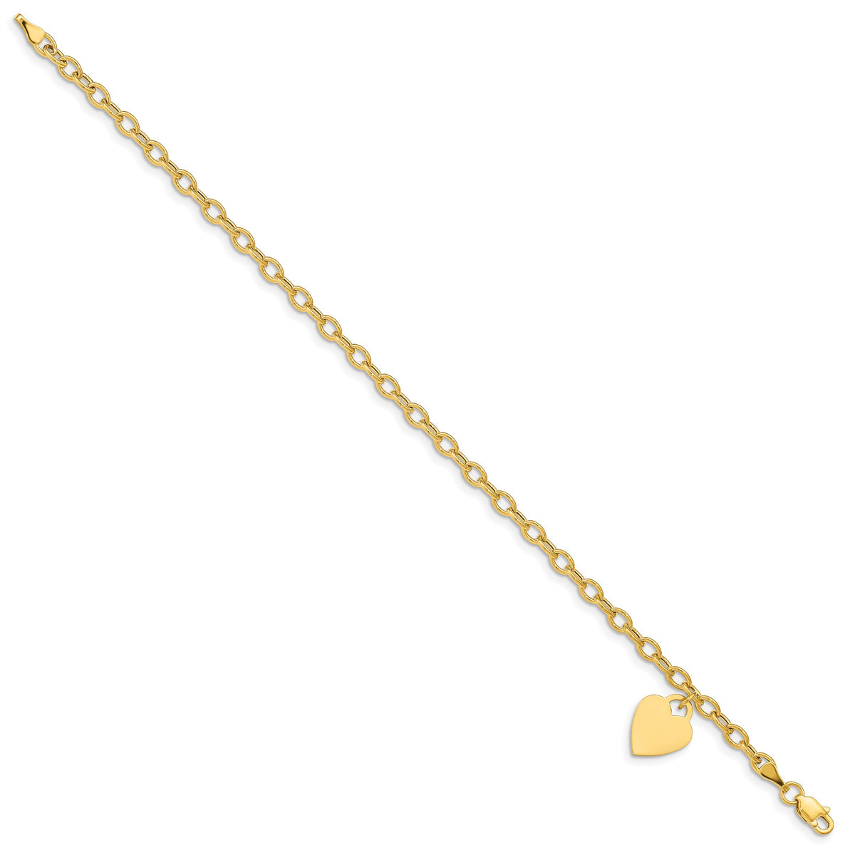 14k Yellow Gold Engravable 14x10mm Solid Dangle Heart Charm and Hollow Chain Bracelet, view 2 - 7.5 in