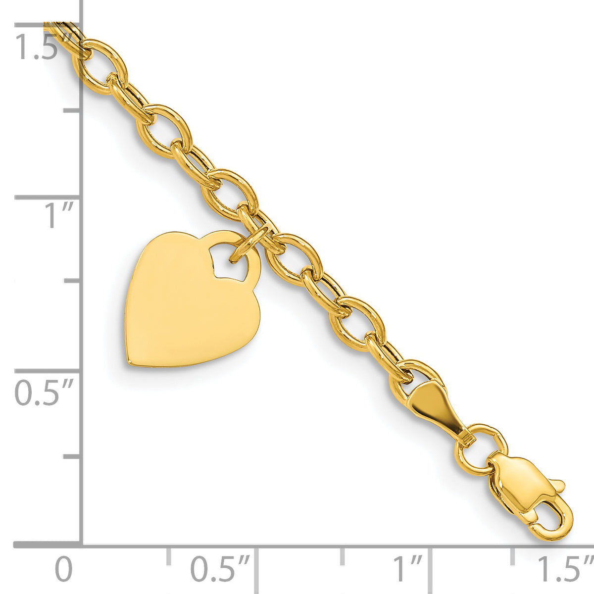 14k Yellow Gold Engravable 14x10mm Solid Dangle Heart Charm and Hollow Chain Bracelet, shown with a ruler for scale - 8.5 in