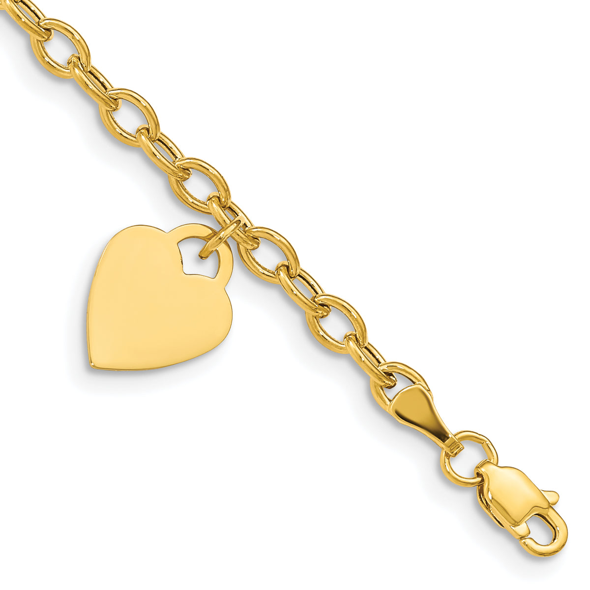 14k Yellow Gold Engravable 14x10mm Solid Dangle Heart Charm and Hollow Chain Bracelet - 8.5 in