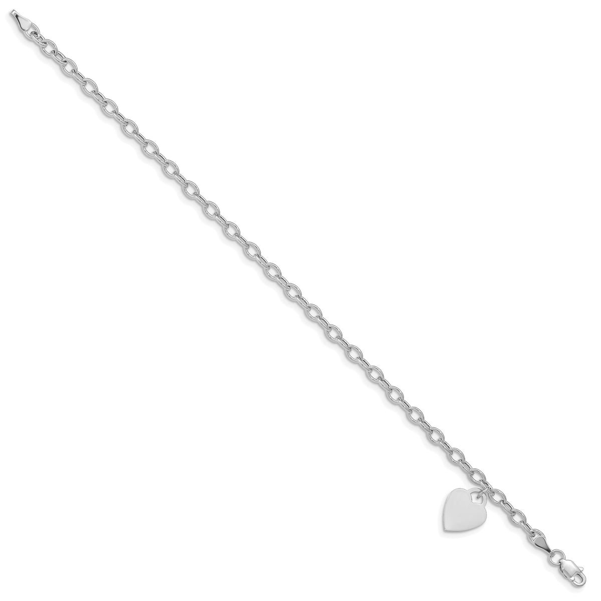 14k White Gold Engravable 14x10mm Solid Dangle Heart Charm and Hollow Chain Bracelet, view 2 - 7.5 in