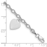 14k White Gold Engravable 14x10mm Solid Dangle Heart Charm and Hollow Chain Bracelet, shown with a ruler for scale - 7.5 in