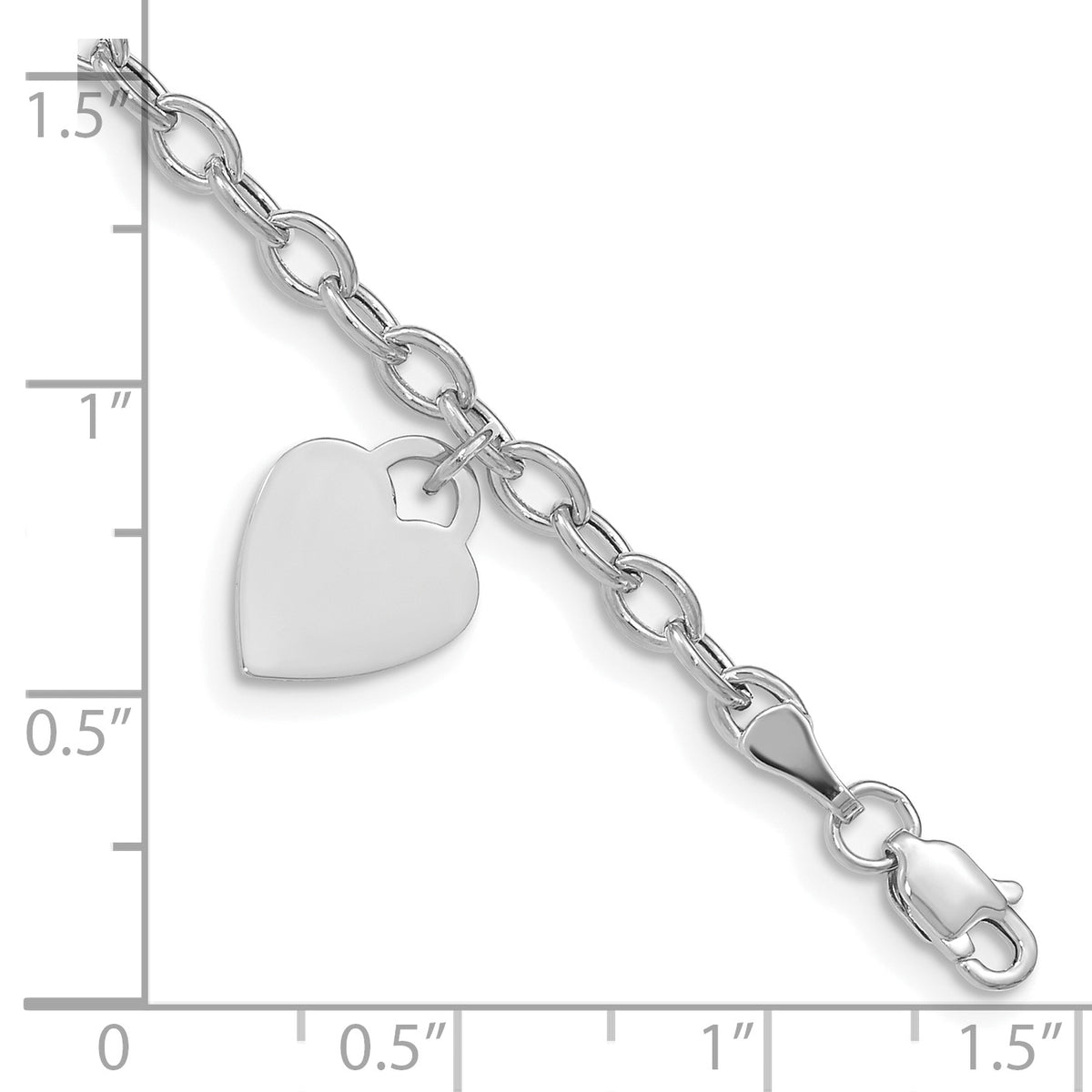 14k White Gold Engravable 14x10mm Solid Dangle Heart Charm and Hollow Chain Bracelet, shown with a ruler for scale - 7.5 in