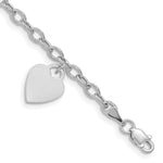 14k White Gold Engravable 14x10mm Solid Dangle Heart Charm and Hollow Chain Bracelet - 7.5 in