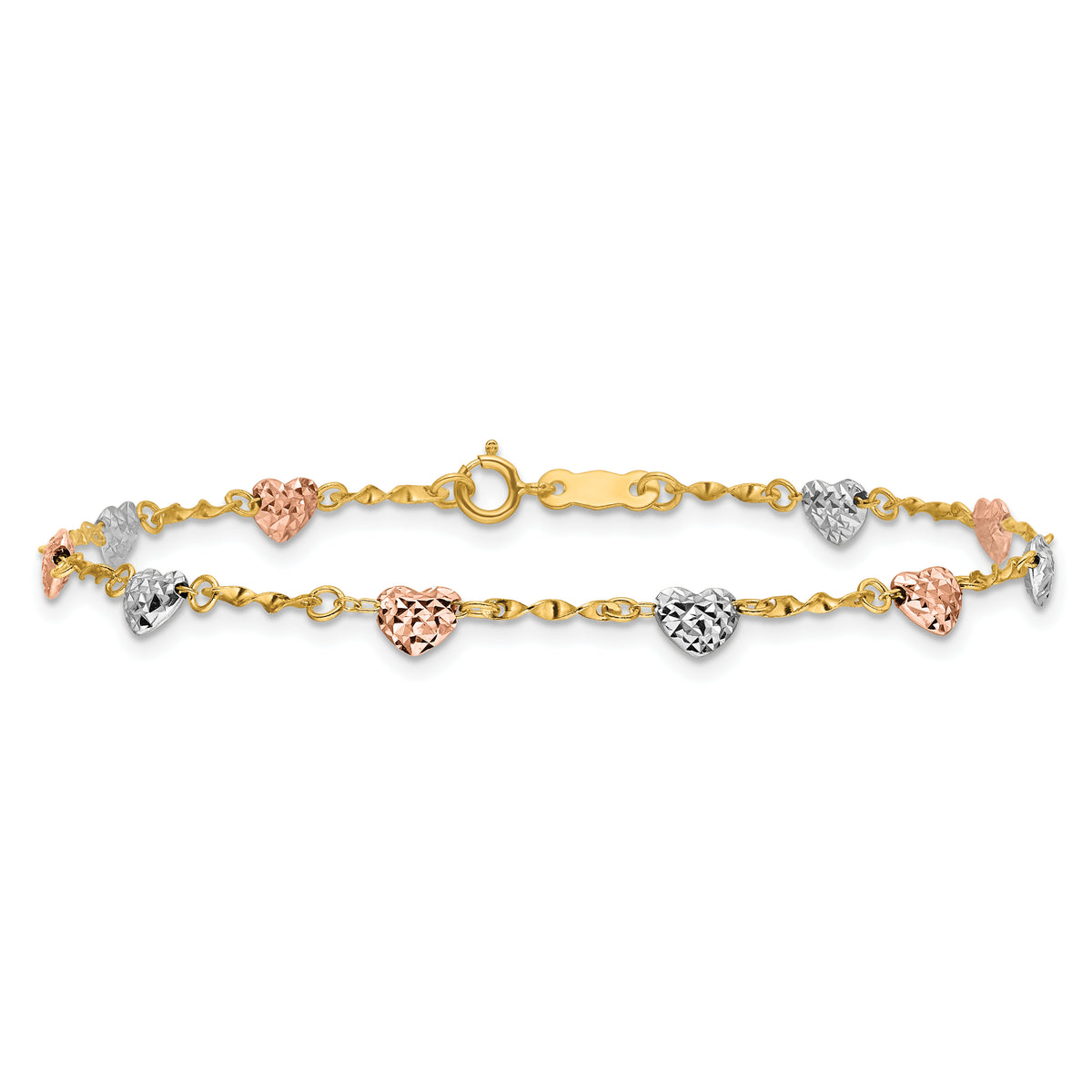 14k Tri-Color Gold Puffed Heart Bracelet, view 3 - 6 in