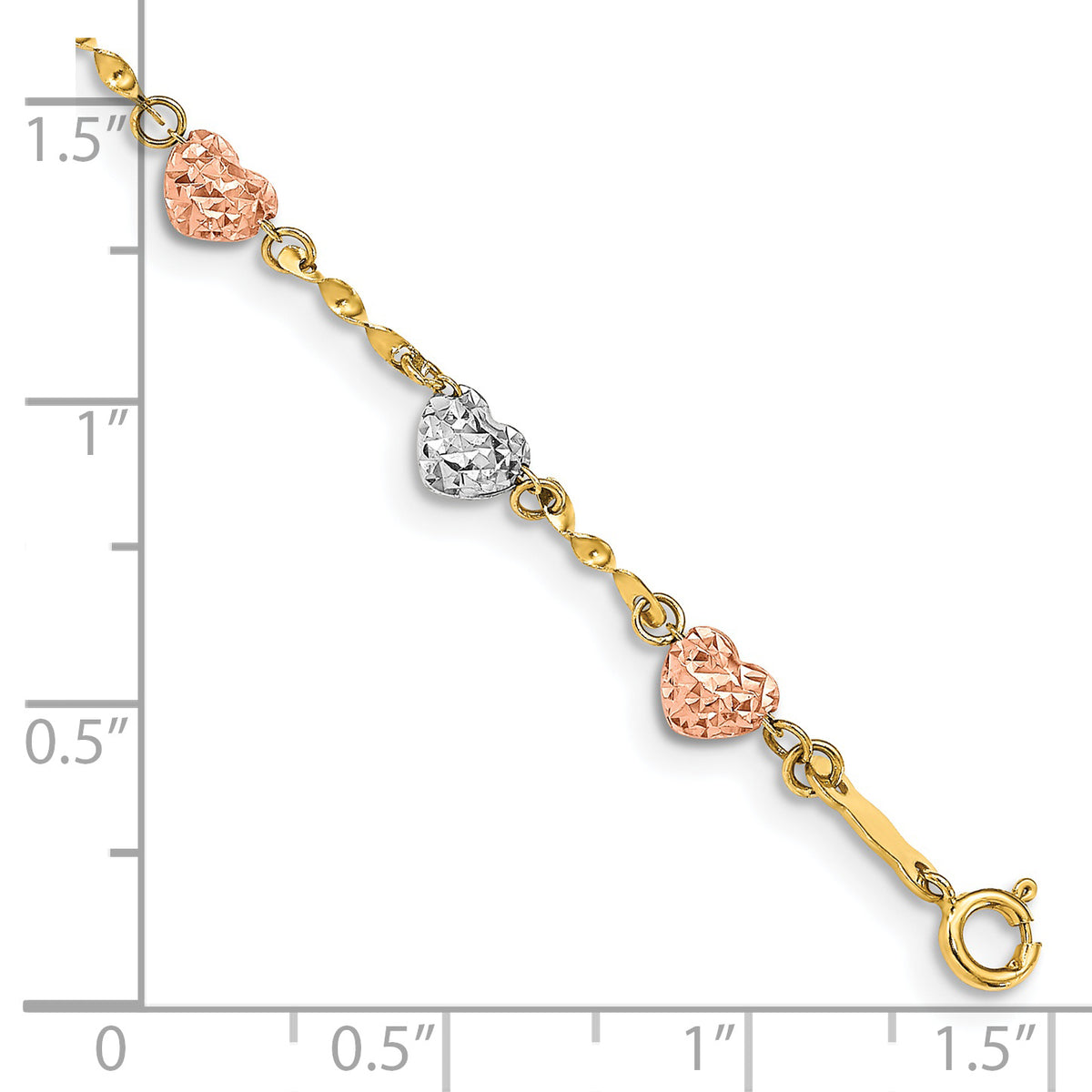 14k Tri-Color Gold Puffed Heart Bracelet, shown with a ruler for scale - 7 in