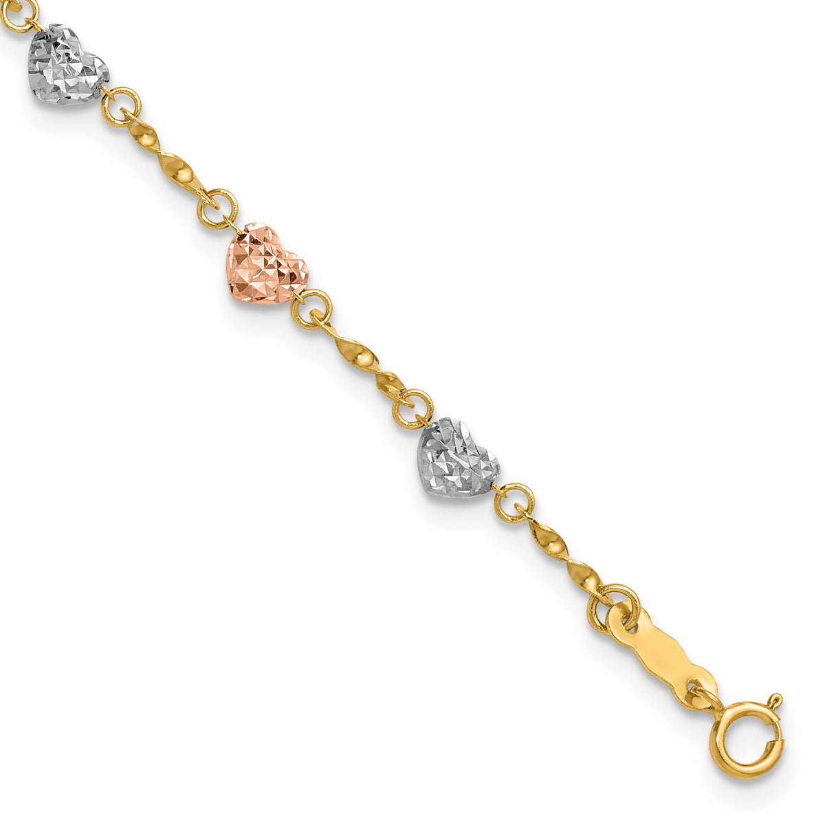 14k Tri-Color Gold Puffed Heart Bracelet - 6 in
