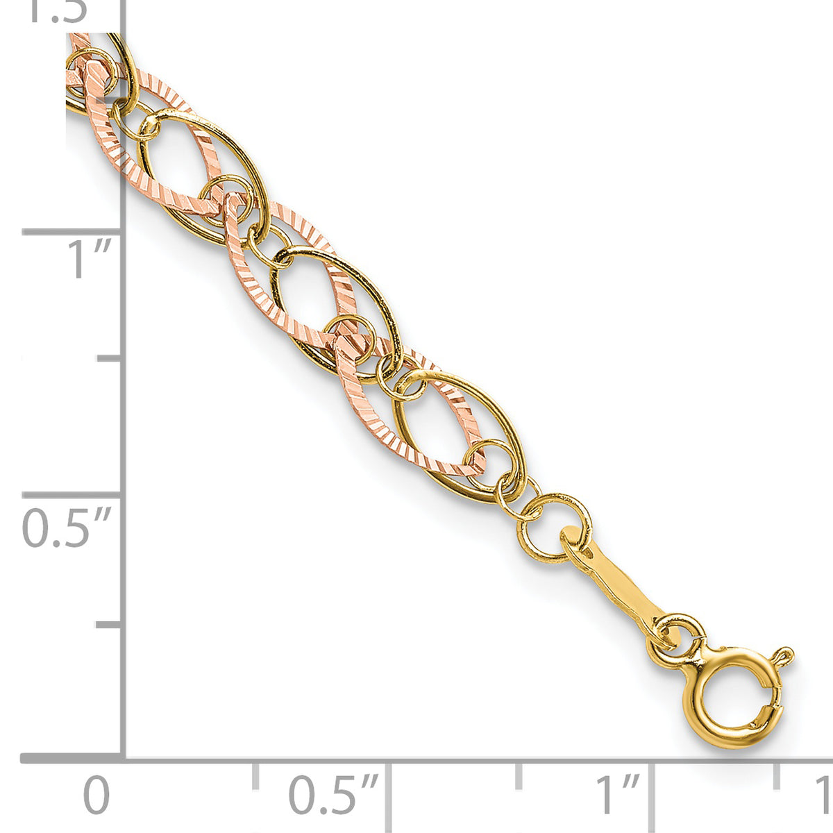 14k Two-Tone Gold Polished and Textured Oval Link 7.25 inch Bracelet, shown with a ruler for scale