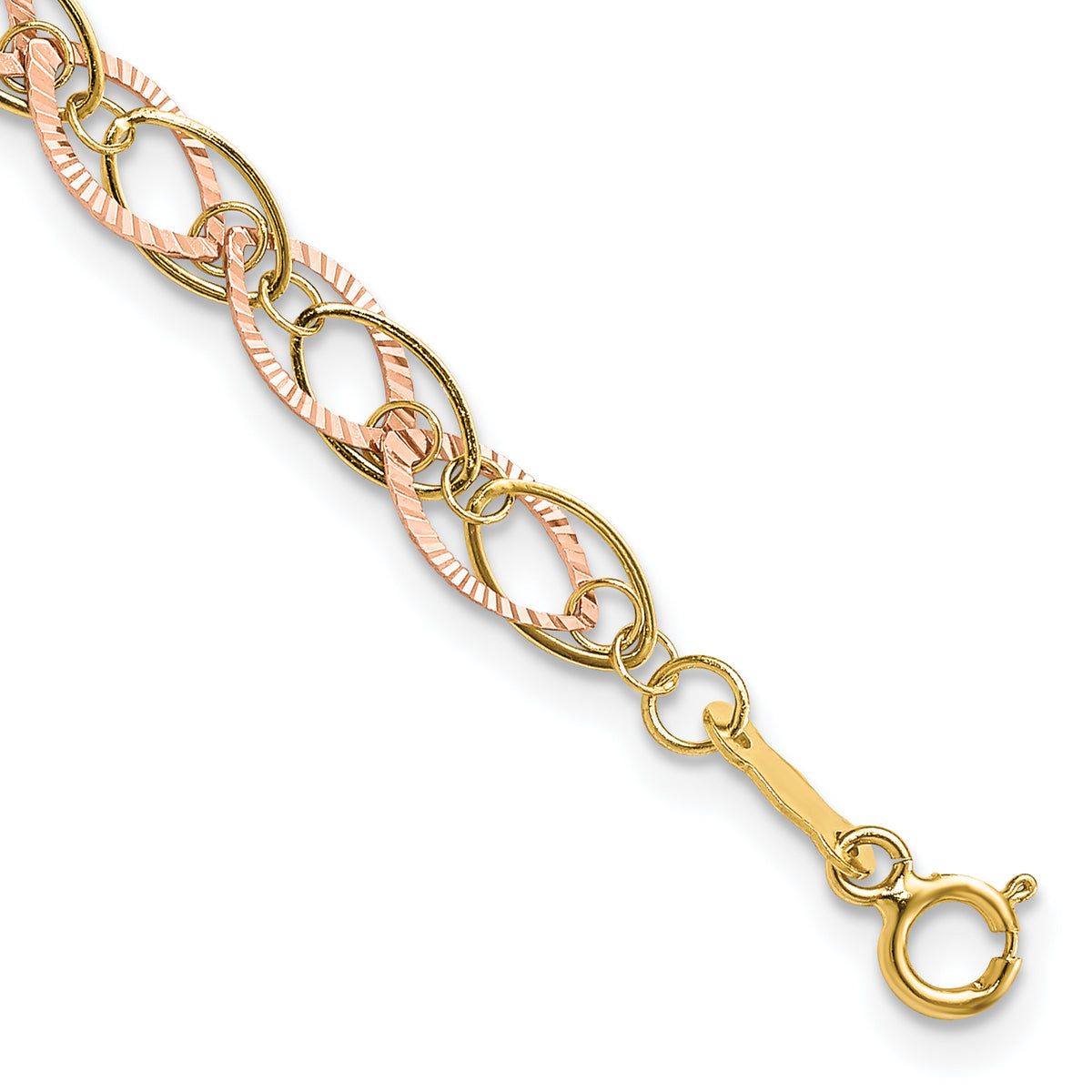 14k Two-Tone Gold Polished and Textured Oval Link 7.25 inch Bracelet