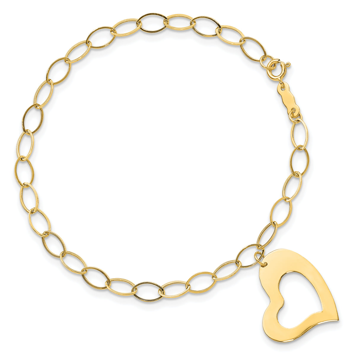14k Yellow Gold Polished Cut-out Dangle Heart 7.25 inch Bracelet, view 4