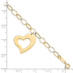 14k Yellow Gold Polished Cut-out Dangle Heart 7.25 inch Bracelet, shown with a ruler for scale