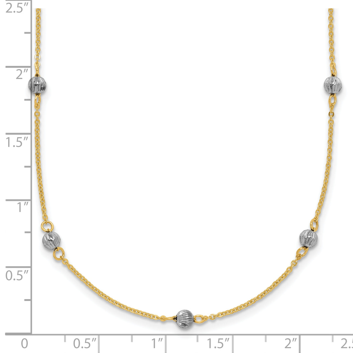 14k Two-Tone Gold Diamond-cut Bead Station Necklace, 16-18 inch, shown with a ruler for scale