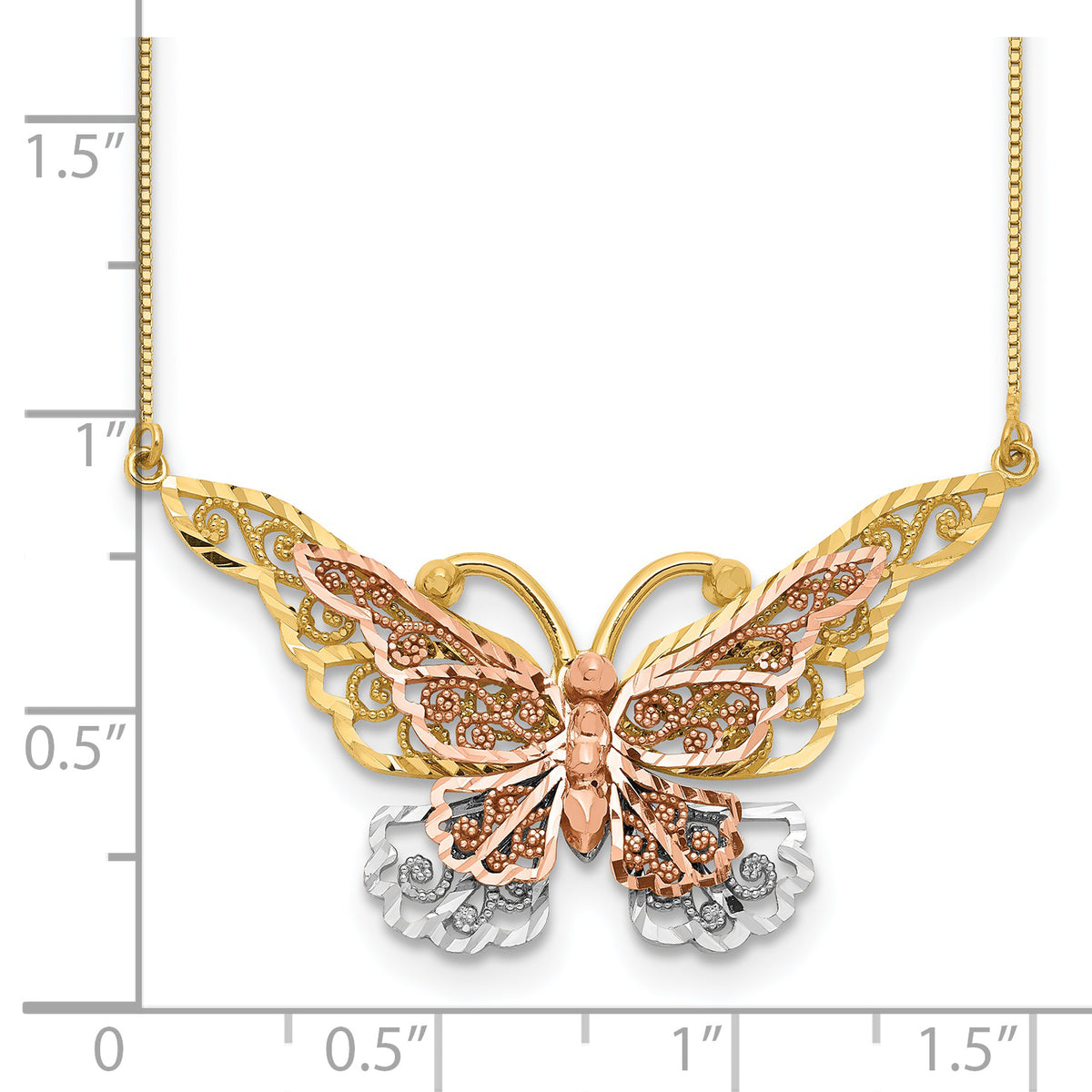 14k Two-Tone Gold Large Filigree Butterfly Necklace, shown with a ruler for scale - 17 in