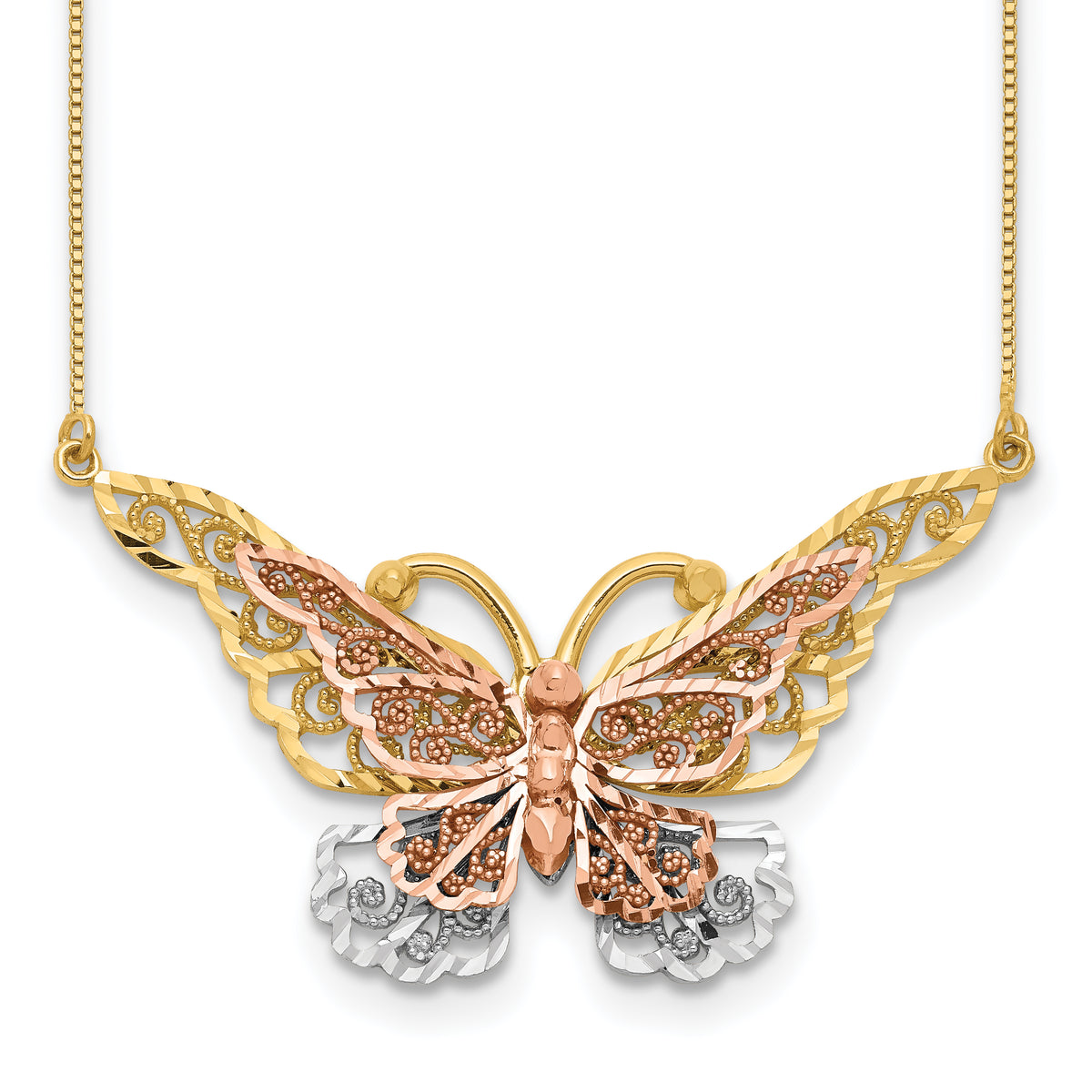 14k Two-Tone Gold Large Filigree Butterfly Necklace - 17 in#17 in