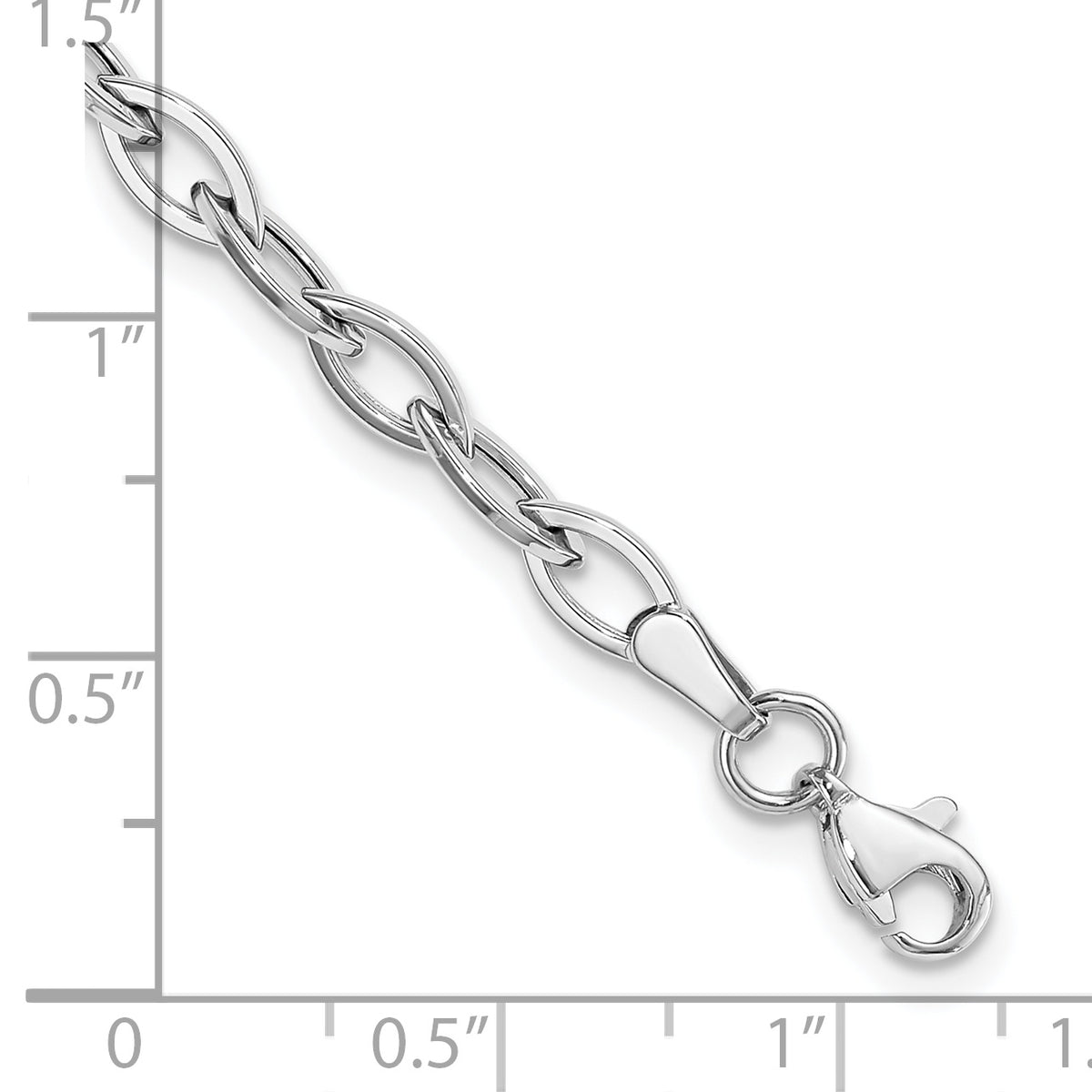 14k White Gold Polished Fancy Oval Link 7.5 inch Bracelet, shown with a ruler for scale