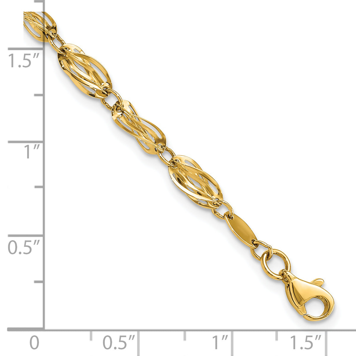 14k Yellow Gold Polished Fancy Twisted Oval Link 7.75 inch Bracelet, shown with a ruler for scale