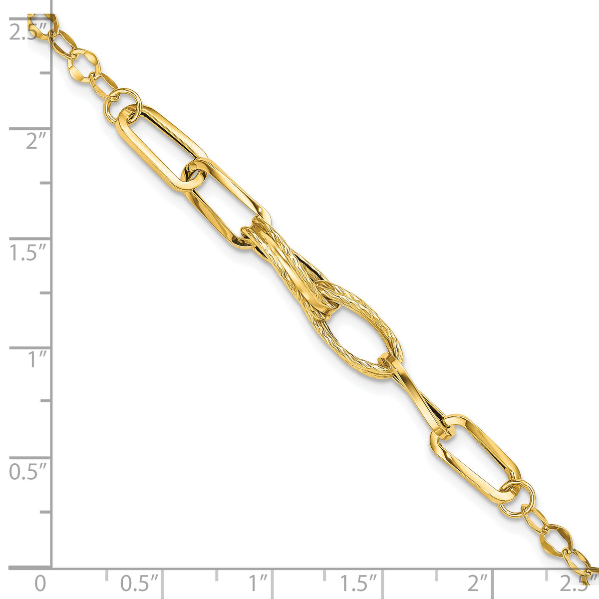 14k Yellow Gold Polished Textured Fancy Link 7.75 inch Bracelet, shown with a ruler for scale