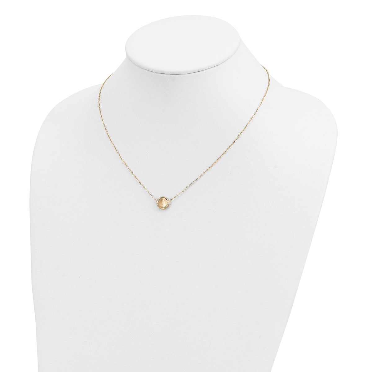 14k Yellow Gold Brushed Diamond-cut Circle Pendant Necklace, 18 inch, shown on a neck form