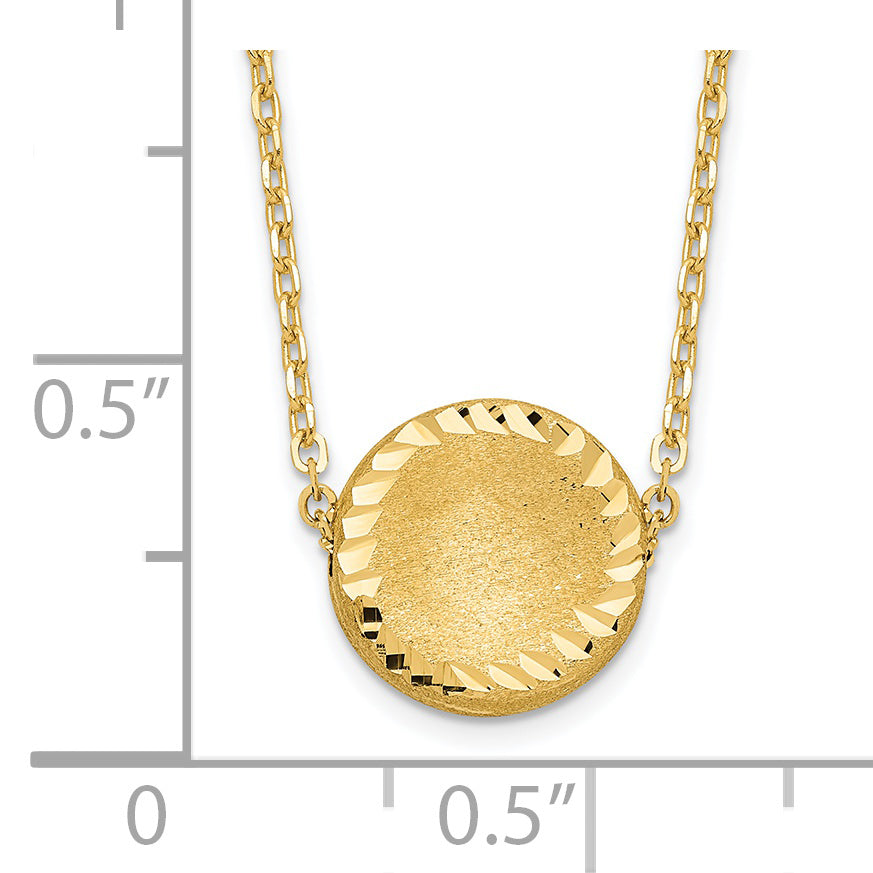 14k Yellow Gold Brushed Diamond-cut Circle Pendant Necklace, 18 inch, shown with a ruler for scale
