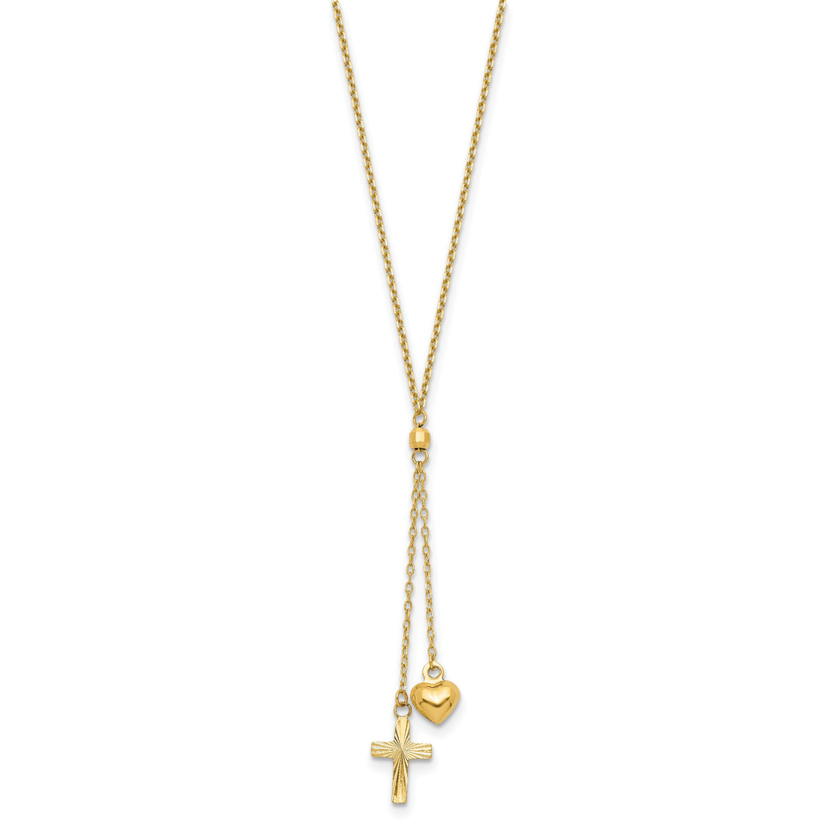 14k Yellow Gold Puffed Heart and Diamond-cut Cross 16 inch Y-Necklace Plus 2 inch Extender, view 2