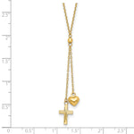 14k Yellow Gold Puffed Heart and Diamond-cut Cross 16 inch Y-Necklace Plus 2 inch Extender, shown with a ruler for scale