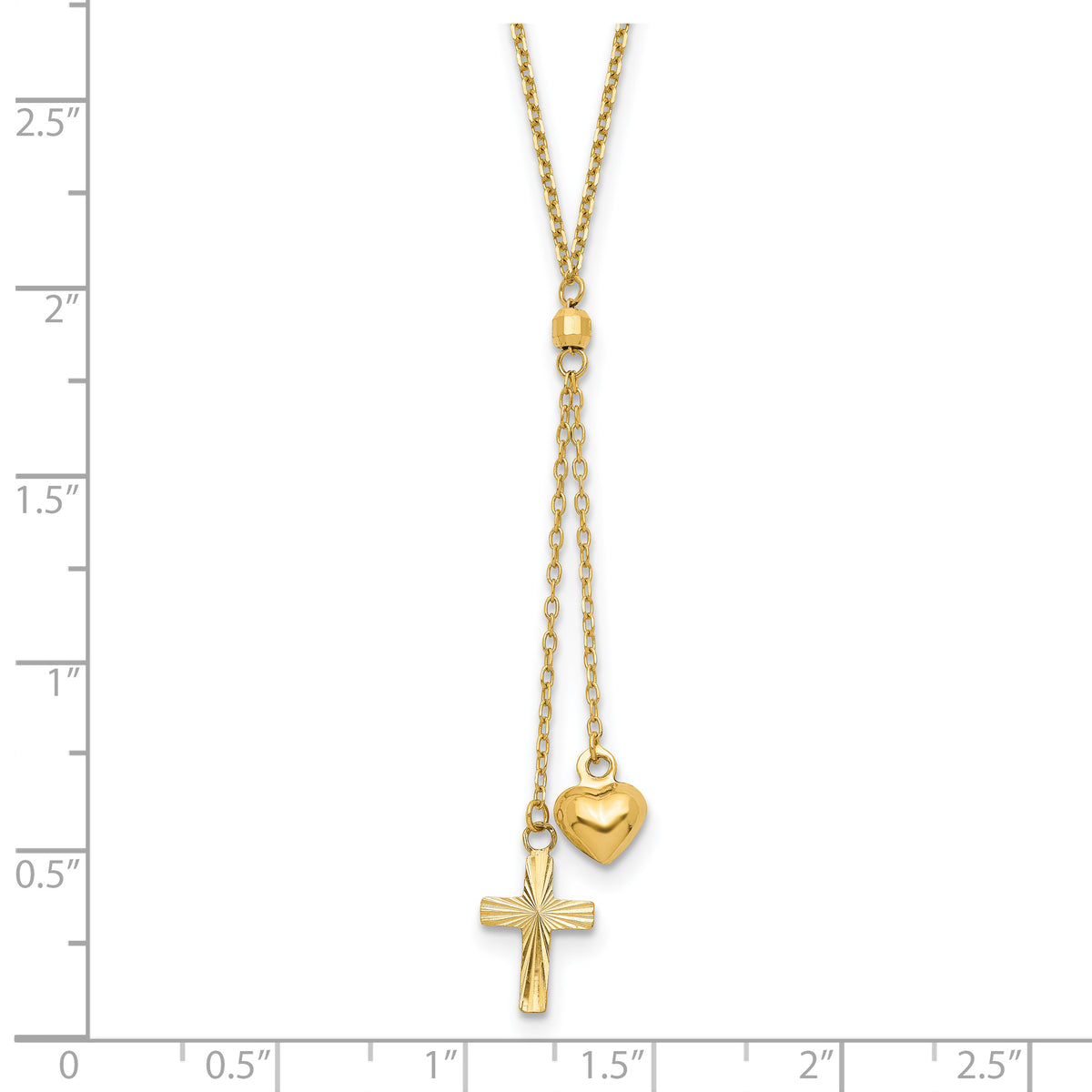 14k Yellow Gold Puffed Heart and Diamond-cut Cross 16 inch Y-Necklace Plus 2 inch Extender, shown with a ruler for scale